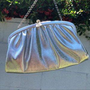 VINTAGE Metallic Silver Clutch Bag w Shell Clasp